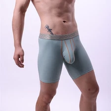 Mens Boxer Briefs Breathable Sexy Long Sports Panties Ice Silk U Pouch Underwear