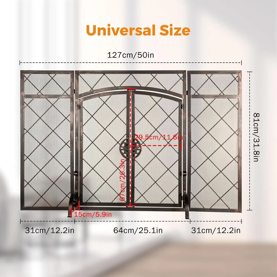 Tela de lareira 50 X 32 em bronze com porta, 3 painéis dobráveis decorativos Flat Co - Imagem 2 de 4