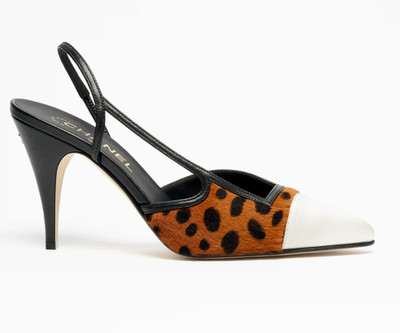 Chanel 26A Brown Leopard Black White Sling CC Gold Logo Slingback Heel Pump 41