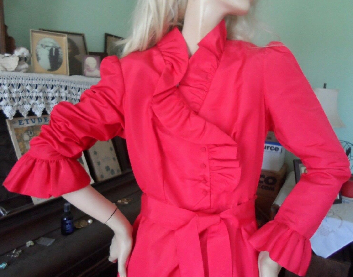 NOS 50s 60s Hot Pink taffeta dress full skirt ruf… - image 2