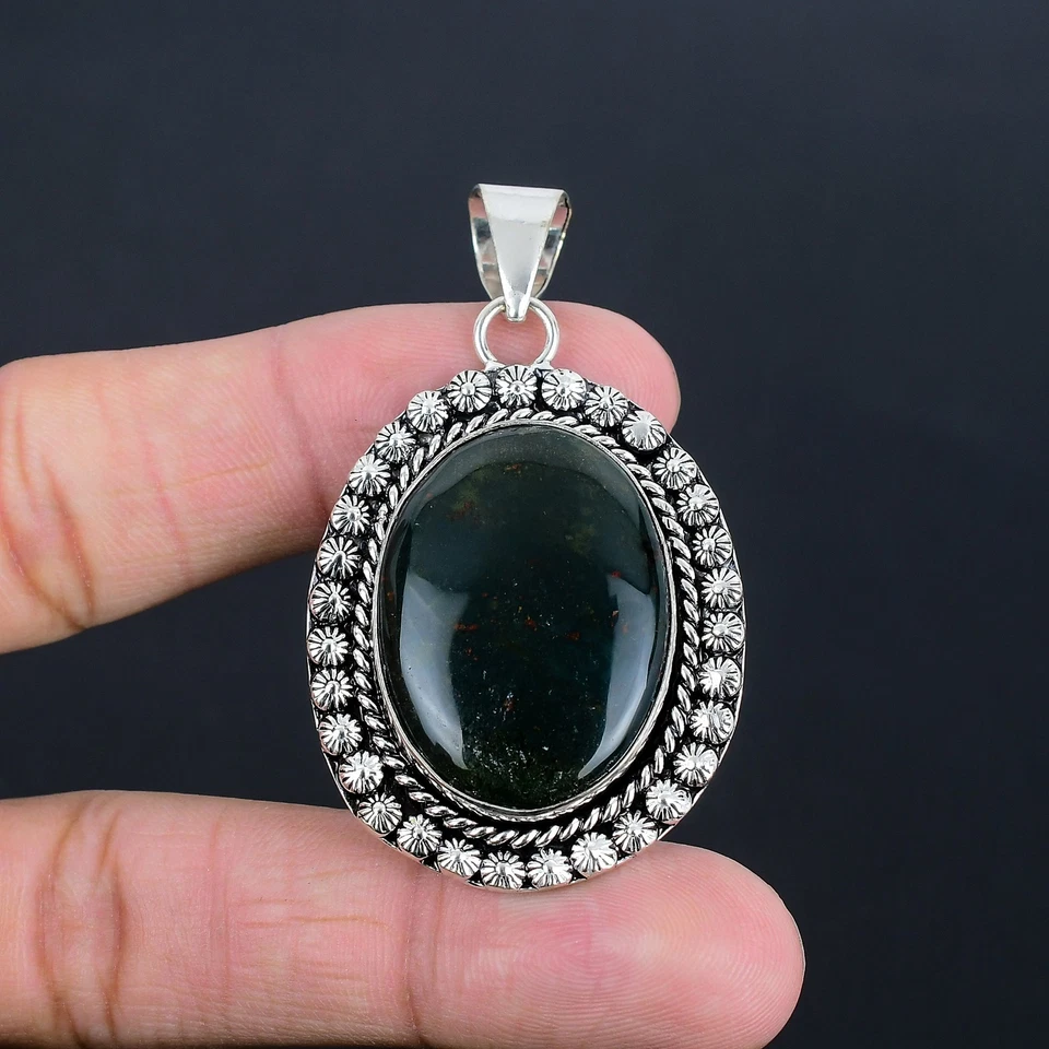 Piedras preciosas de sangre hechas a mano de plata de ley 925 colgante joyería 2,29" Foto 2 de 4