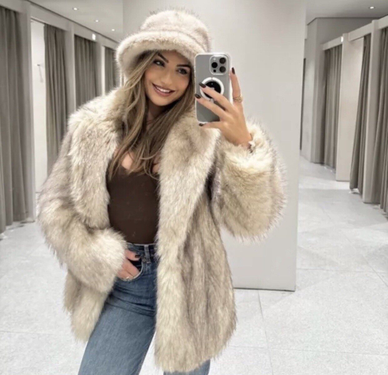 ALTRA ZARA CAPPOTTO PELLICCIA SINTETICA RISVOLTO COLLETTO TASCHE ECRÙ NUOVO FW24 25 TAGLIE XS REF 9941 870