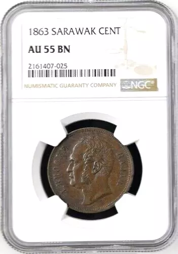 1863 Sarawak 1 Cent, NGC AU 55, KM-3