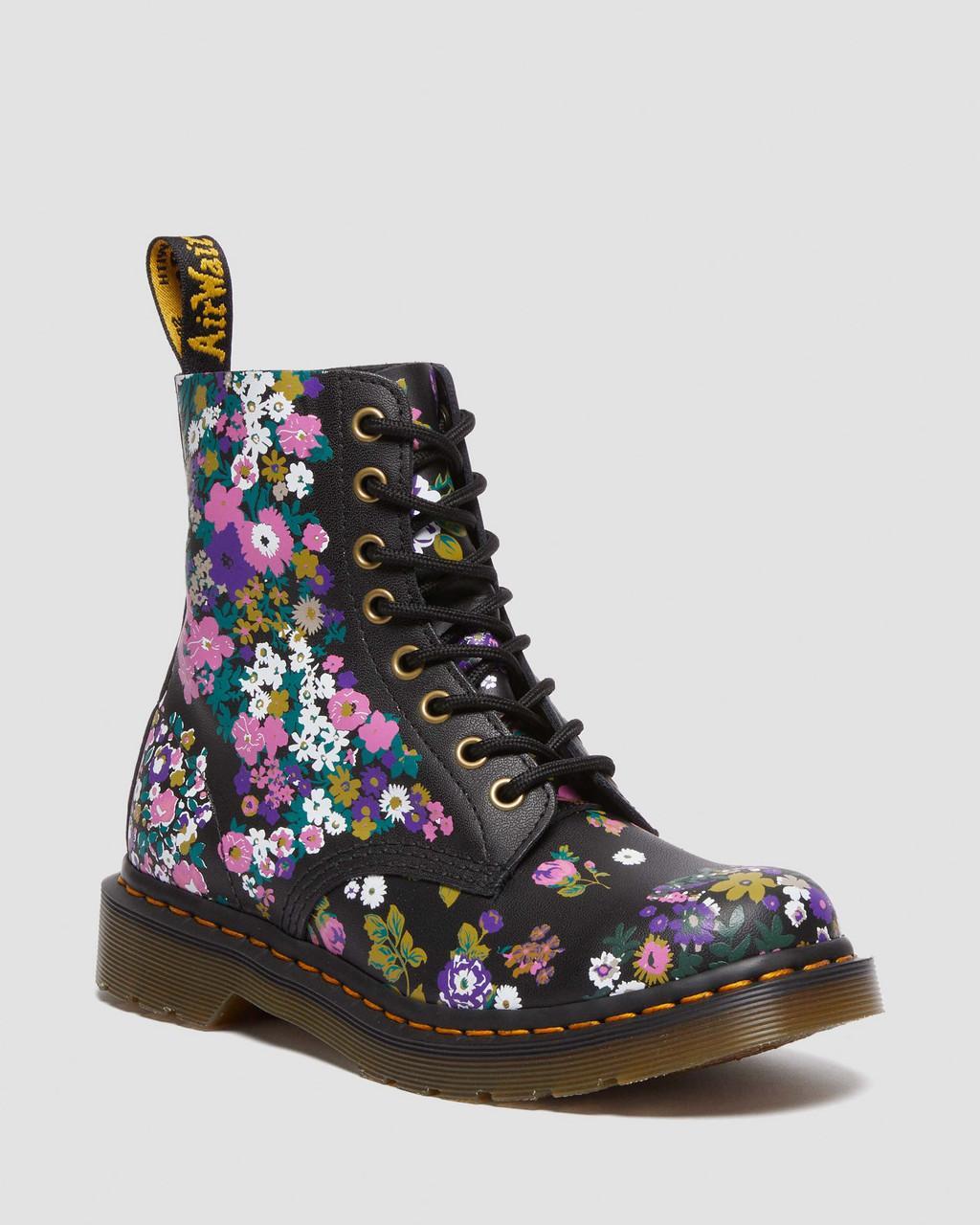 Dr Doc Martens Black Vtg Floral Backhand Leather 1460 Pascal Boots Women Sz6 New