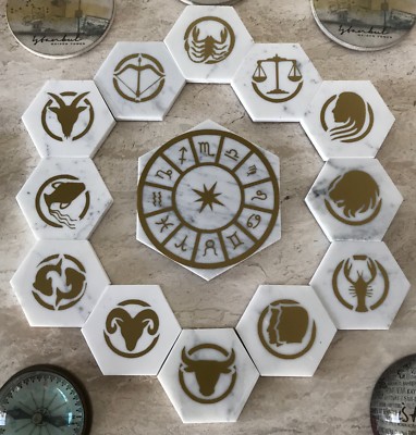 ASTROLOGY, ZODIAC Signs Natural Stone Real Italian Marble Hexagonal Coasters Set
