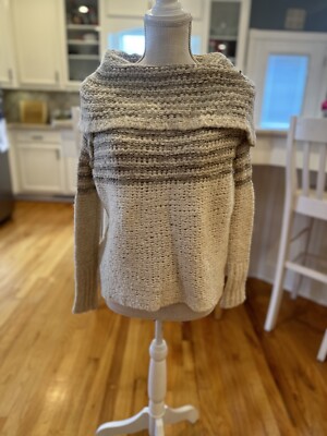 Free People Cream And Tan Chunky Wool Mohair Blend Cowl Neck Sweater 