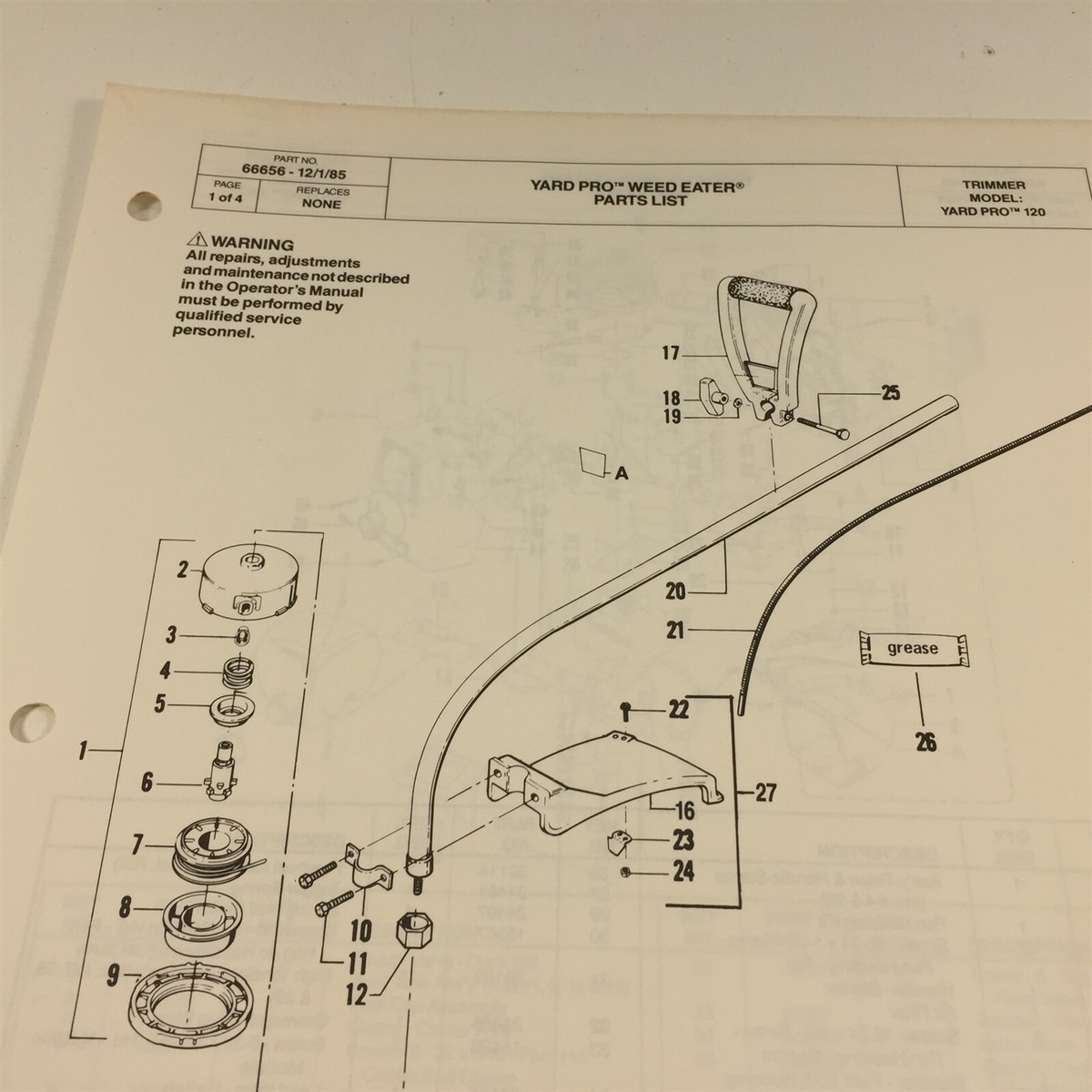 1985 Weed Eater Model Yard Pro 120 Line Trimmer Parts List 66656