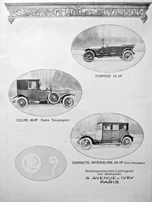 PRESSEWERBUNG 1919 AUTOS PANHARD UND LEVASSOR TORPEDO COUPE 16 PS
