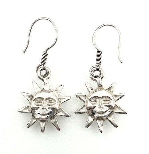 Pendientes de alambre francés vintage pequeños colgantes sol sonriente de plata esterlina - Imagen 3 de 9