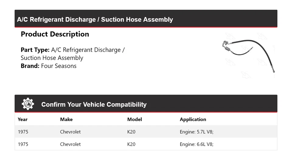 Conjunto de manguera de succión/descarga de refrigerante aire acondicionado Chevrolet K20 1975 4 estaciones Foto 2 de 4