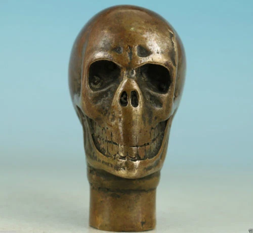 Asian Old Bronze Hand Carved skull Statue Cane Walking Stick Head