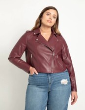 Eloquii Vegan Faux Leather Moto Jacket Size 26/28 Maroon Banner