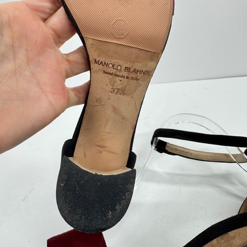 Manolo Blahnik Suede Sandals Sz 7.5 Block Heel Open Toe Black Red - Picture 7 of 11