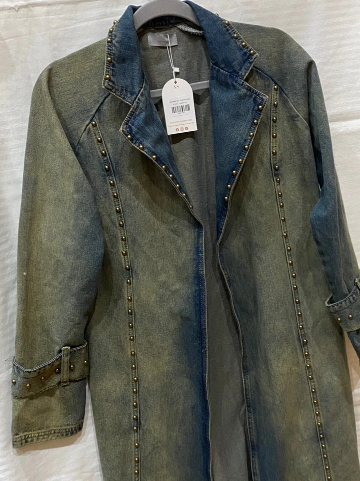 Outcast Exclusive Callie Denim Studded Trench Coat | Blue Gold | Womens XS - Image 3 of 4