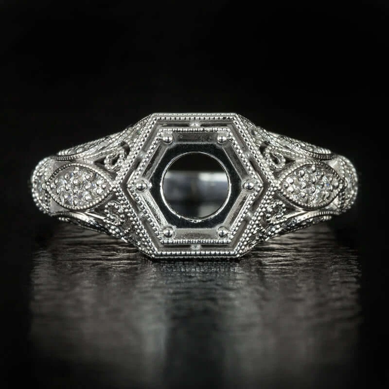 Vintage Art Deco Ring Setting Style - Scroll Filigree Art Deco Crown Engagement Ring Setting for A 1.75 - 2.25 Carat Round Diamond in 18 Karat White