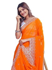 Women Georgette Embroidery Saree with Original Mirror Work Satin Blouse Piece