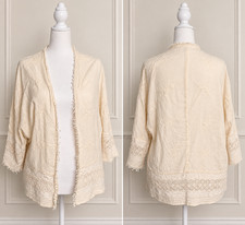 AMERICAN EAGLE - Kimono Style Cover-Up Beige Lace Trim Boho 100% Cotton Sz. XS/S