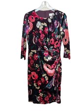 Eliza J Size 12 Floral Velvet Dress Ruched Sheath Wedding Guest Cocktail Midi 