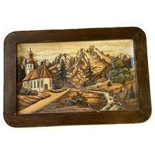 Vtg 3D Hand Carved Wood Picture Wall Art cottage Mountain Church black Forst 24”