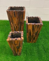 3x Acacia Hardwood Plant Pot Planters Outdoor Wooden Garden Patio Flower Pots