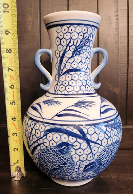 Blue and White Porcelain Quail Bird Vase Japan 9.75'' Tall
