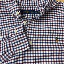 Ralph Lauren Mens Gingham Button Down Shirt Large Navy Blue Burgundy Cotton L/G