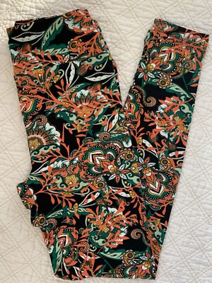 Lularoe Leggings OS Green Orange Black White Fleur de Lis Flowers Floral Damask