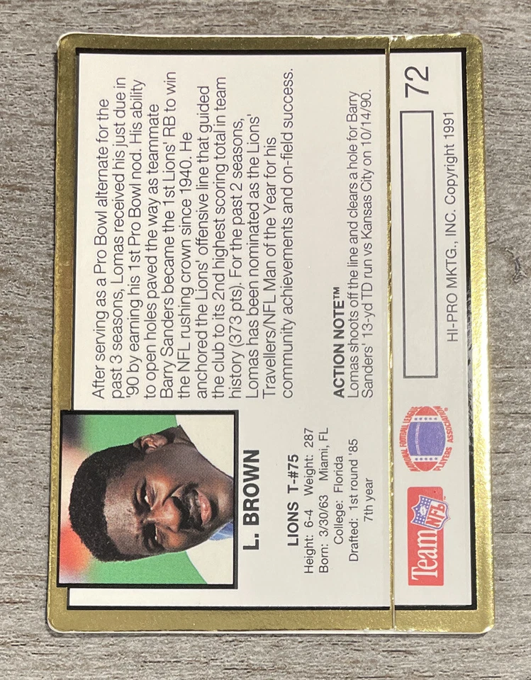 Lomas Brown 1991 Action Packed Lions #72  *F517* - Image 2 of 2