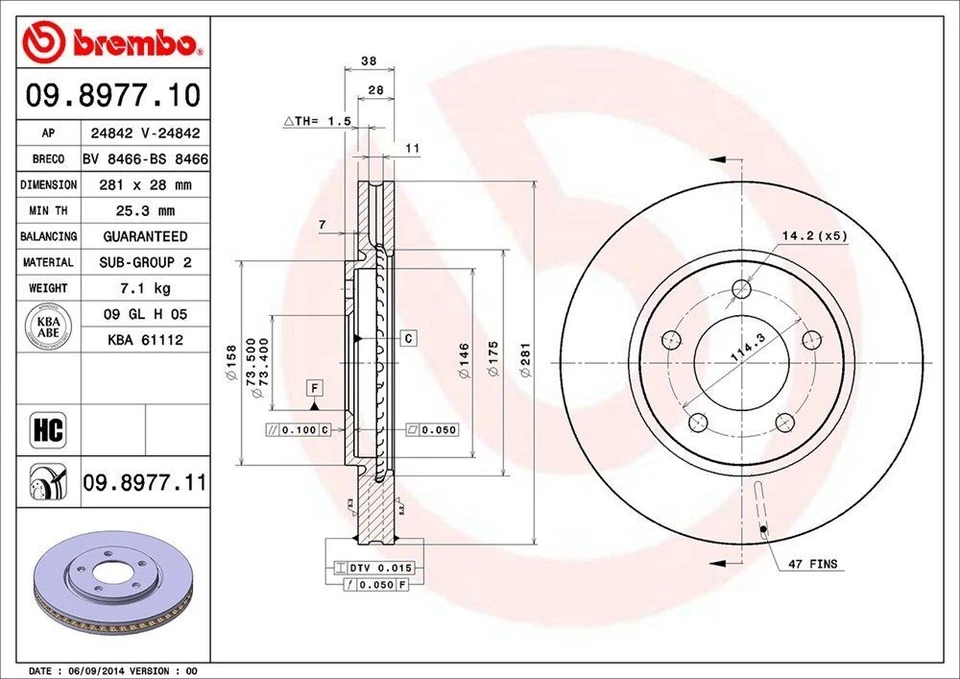 Juego de 2 rotores de freno de disco delanteros Brembo para Dodge Caravan Chrysler Voyager IV Foto 3 de 4