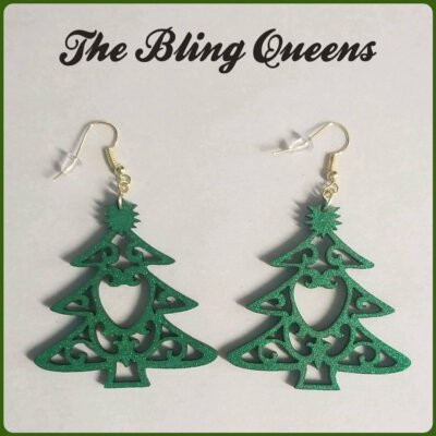 Green Glittered Christmas Tree Earrings