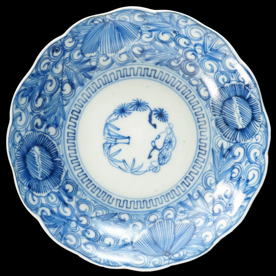 Juego de cuatro cuencos japoneses Arita Three Friends azul y blanco poco profundos Meiji Foto 4 de 4