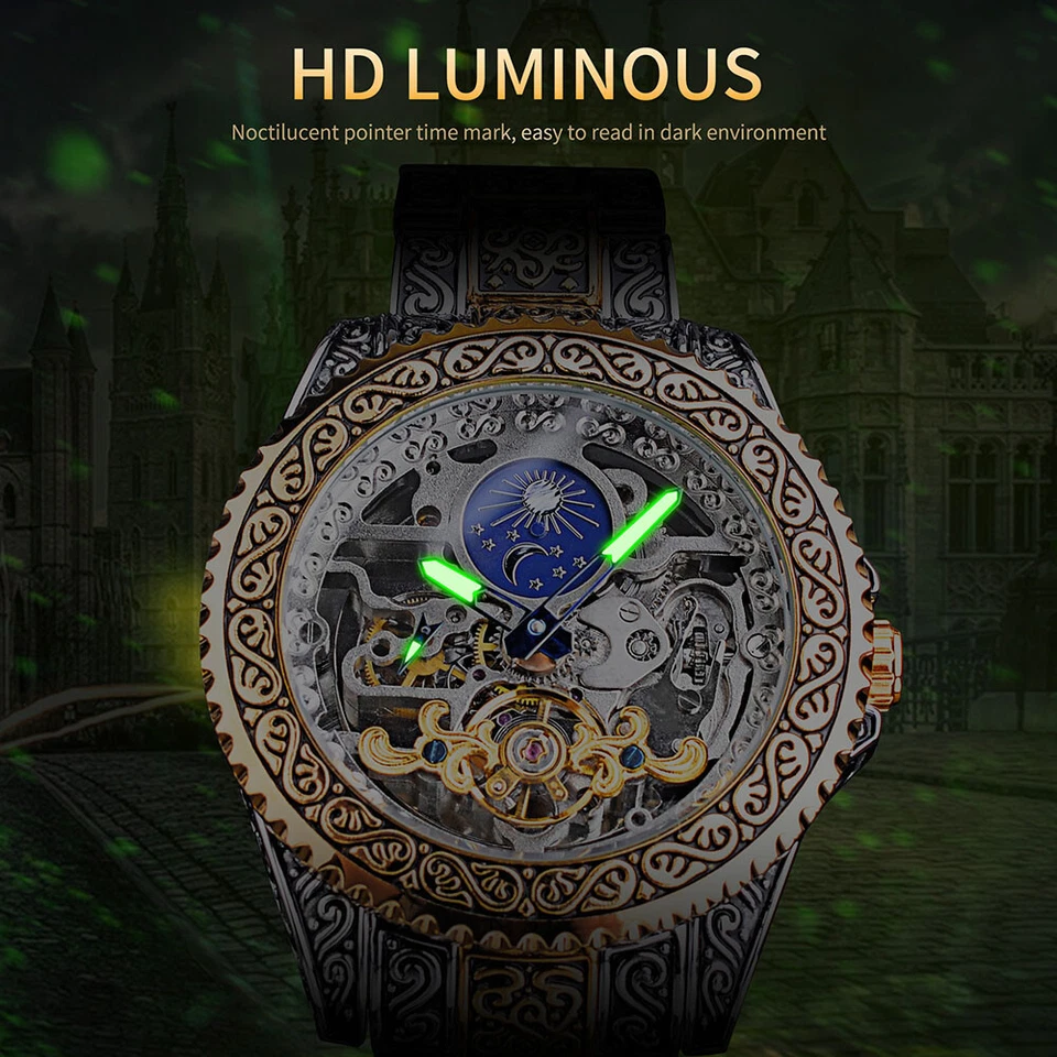 Relojes mecánicos Forsining de lujo tallados tourbillon fase lunar esqueleto para hombre Foto 2 de 4