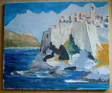 CAM, MODERN MODERNIST CHUNKY IMPASTO IMPRESSIONIST CLIFF LANDSCAPE VILLAGE SEA