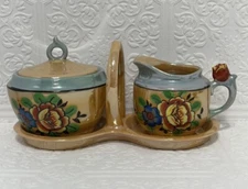 SUGAR BOWL With LID CREAMER CADDY Lusterware JAPAN Vintage ORANGE BLUE Flowers
