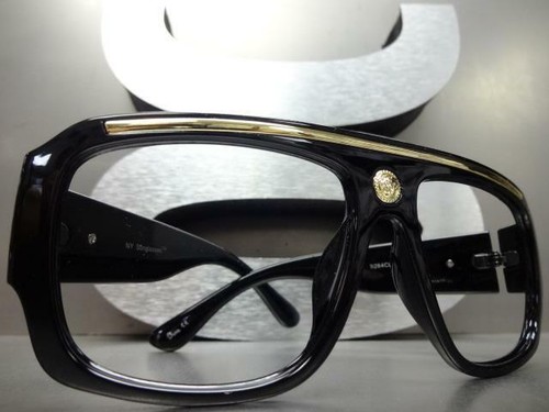 Classic Retro Hip Hop Lensless Eye Glasses Large Black & Gold Frame Only NO Lens - Picture 6 of 8