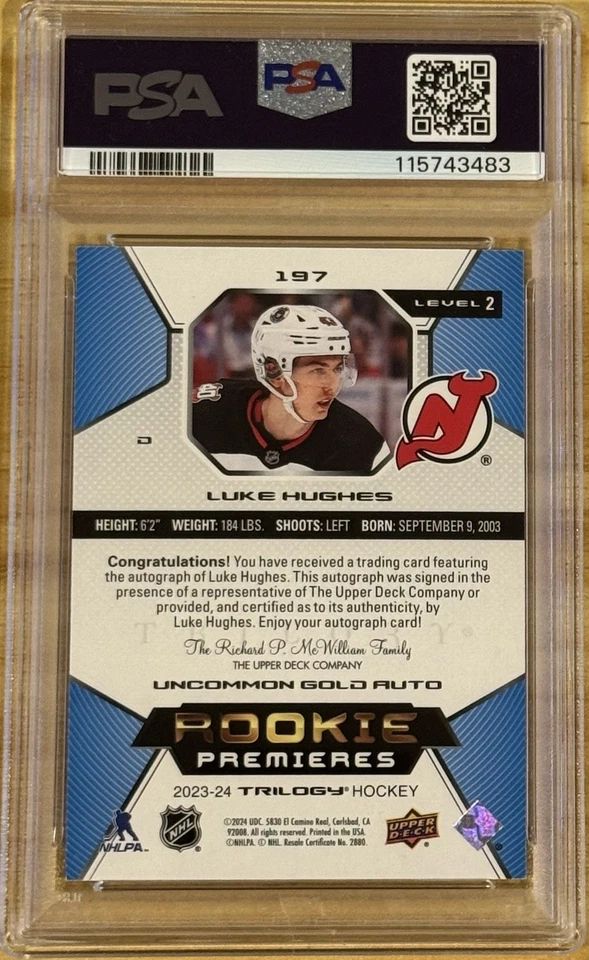 Luke Hughes 2023 Upper Deck Trilogy Rookie Premiers Uncommon Gold Auto /49 PSA 9 - Image 2 of 2