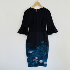 TED BAKER Size 1 US 4 Azania Wonderland Black Floral Bell Sleeve Dress