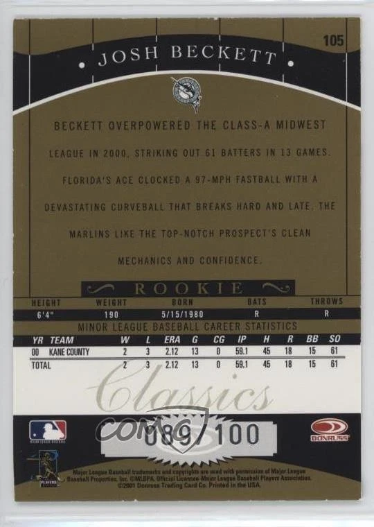 2001 Donruss Classics Rookie Timeless Tributes /100 Josh Beckett #105 - Image 2 of 2