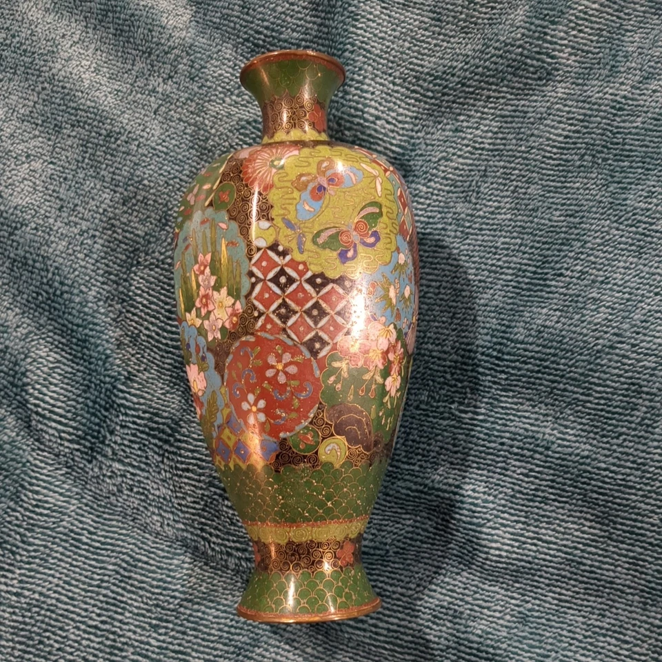Vaso cloisonne japonês período Meiji 8 polegadas de altura/esmalte sobre cobre/antigo - Imagem 4 de 4