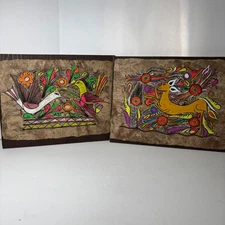 Set of 2 Folk Art Paintings Birds Deer Textured Bark Paper MCM Vibrant Colors
