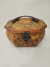 Vintage Anton Pieck Decoupage Wooden Box Purse Octagon Metal Handle