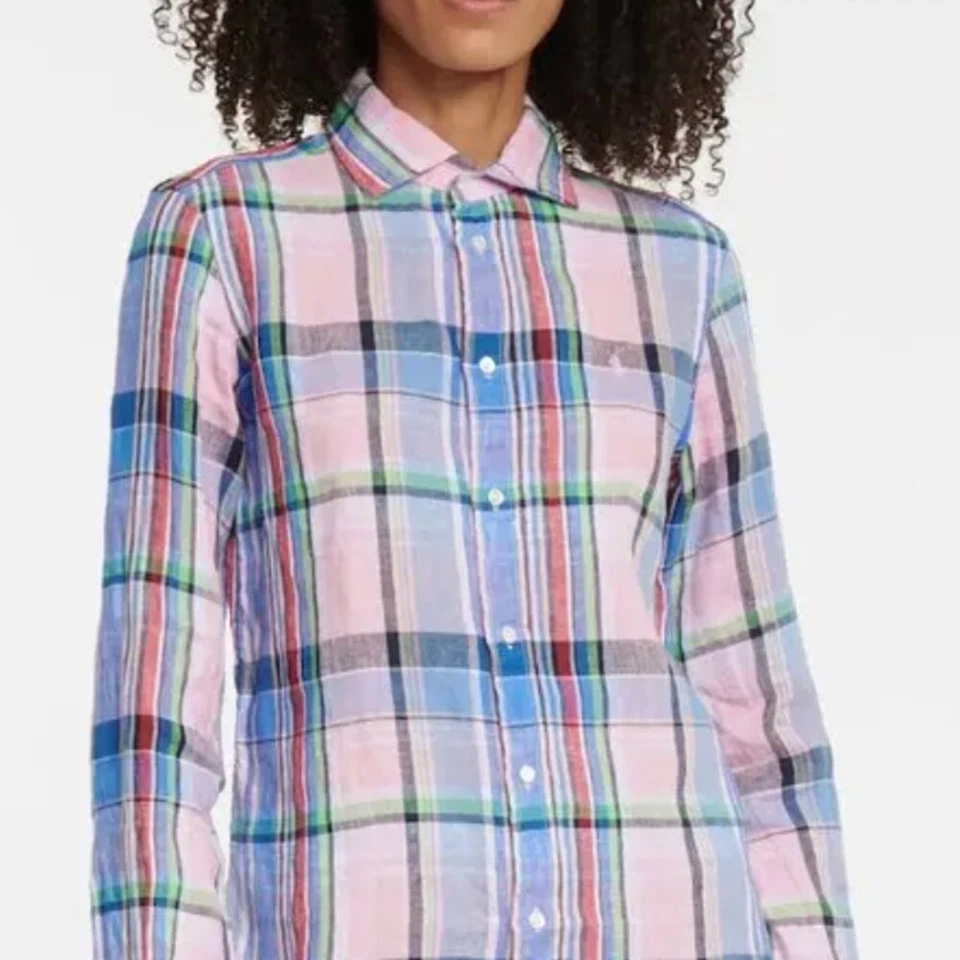 Camisa Polo Ralph Lauren a Cuadros Lino Manga Larga Azul Rosa Verde Pequeña Pequeña Foto 2 de 4
