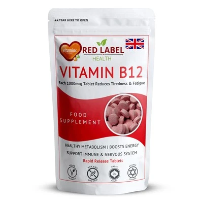 RED LABEL HEALTH Vitamin B12 Methylcobalamin 1000mcg 360 Tablets High Strength Reduce Tiredness