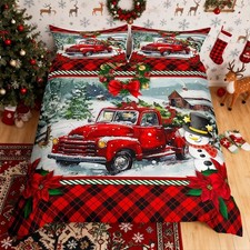 Christmas Truck Duvet Cover Set Twin Size Girls Boys Red Plaid Decor Pine Tre...