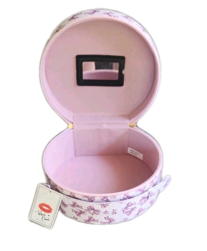NWT! Blush Crush Round Travel Vanity Storage Case w/Mirror Pink Coquette Bows