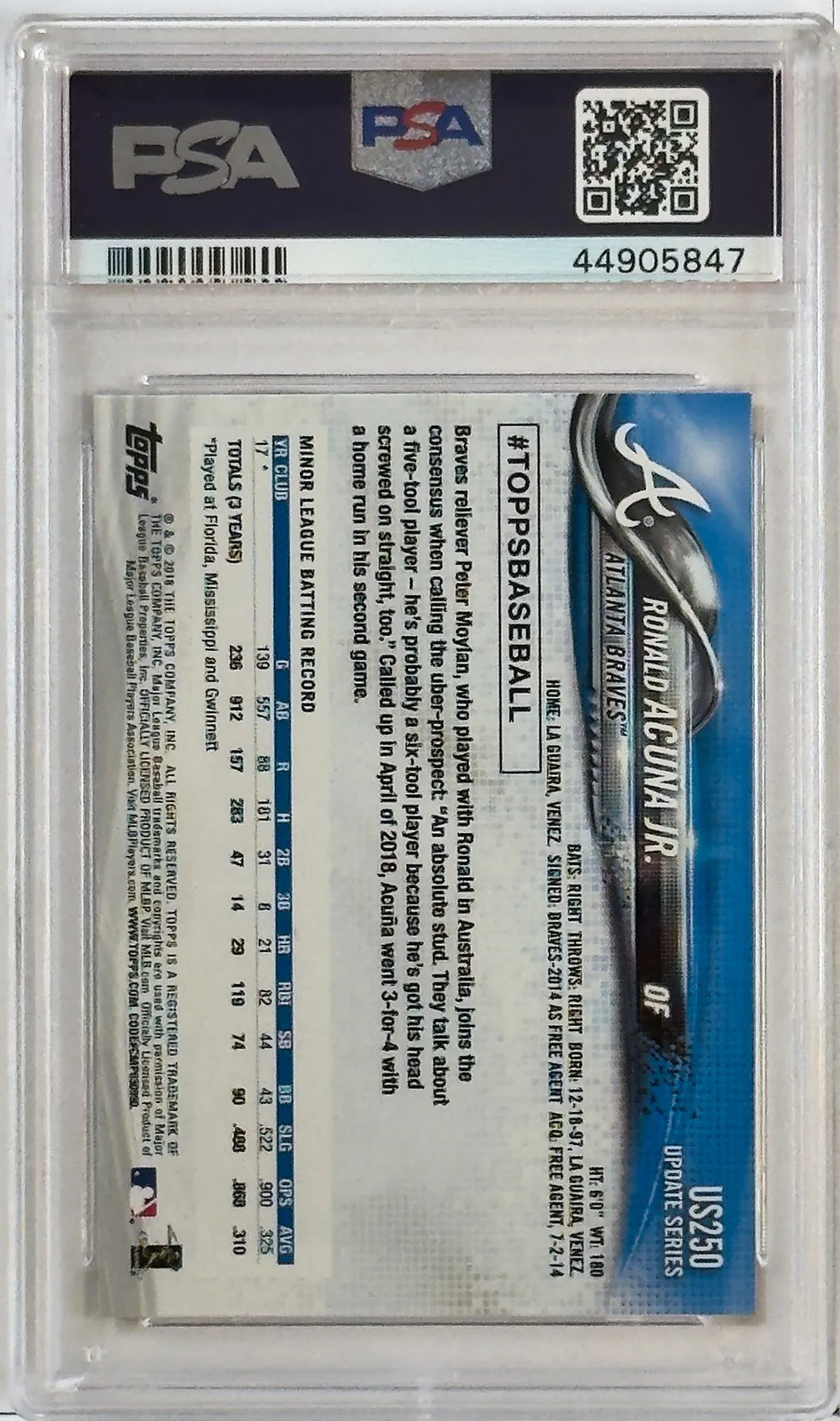 2018 Topps Update #US250 Ronald Acuna Jr. At-Bat Blue Jersey Rookie (RC) PSA 10 view 2