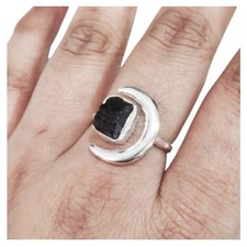 Natural Black Tourmaline Ring, Rough Tourmaline Crescent Moon Adjustable Ring...