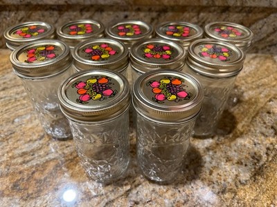 Vintage Ball Quilted Crystal Jelly Jars with Decorative Fruit Lids set of 11