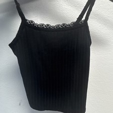 SO Women s Black Solid Camisole Tank Top Lace Trim Spaghetti Straps XS