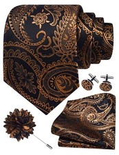 Paisley Tie Set for Men 3.15" Necktie Lapel Pin Hankerchief Black Gold